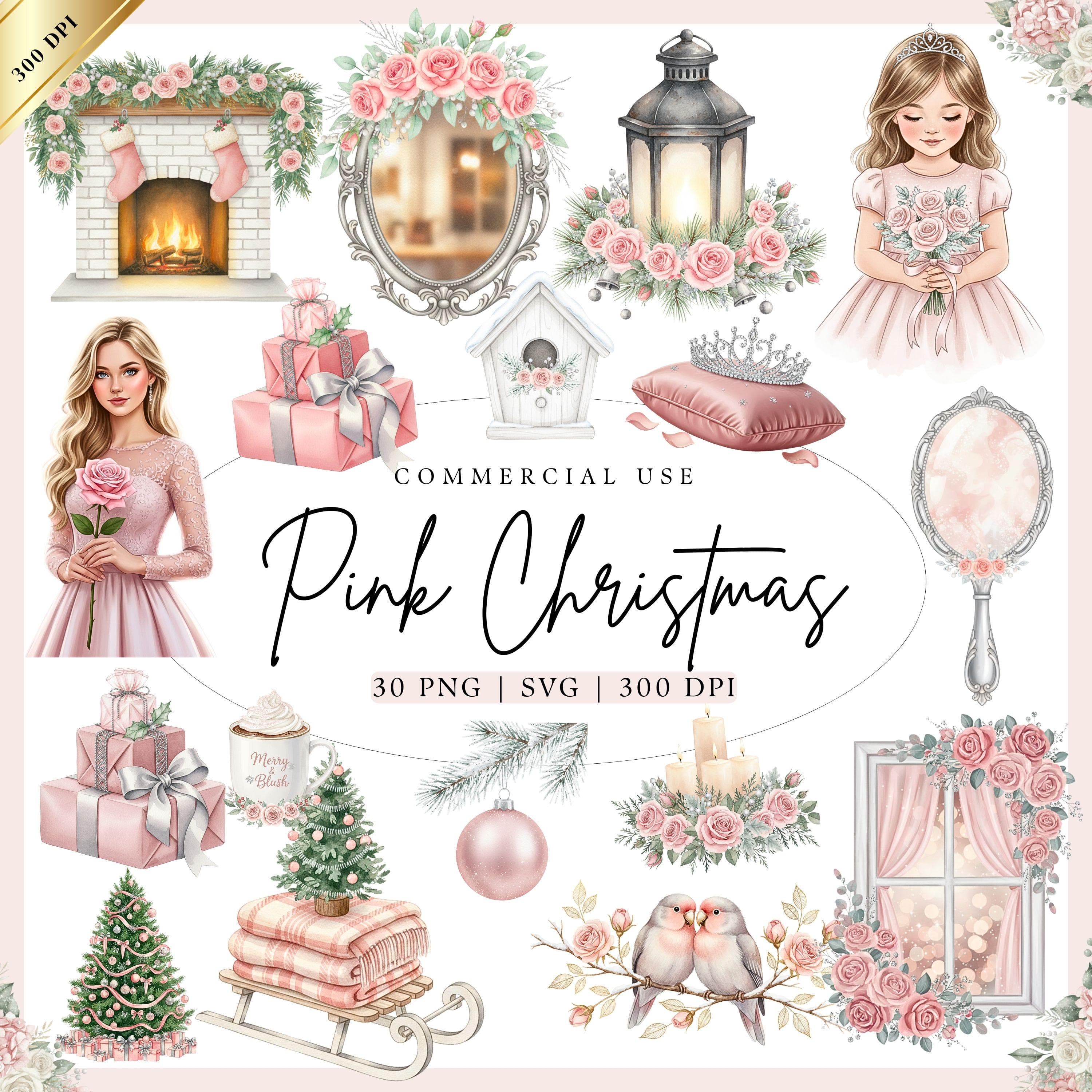 Blush Pink Watercolor Christmas Clipart Bundle – Cozy Fireplace, Pastel Decor (PNG, SVG)