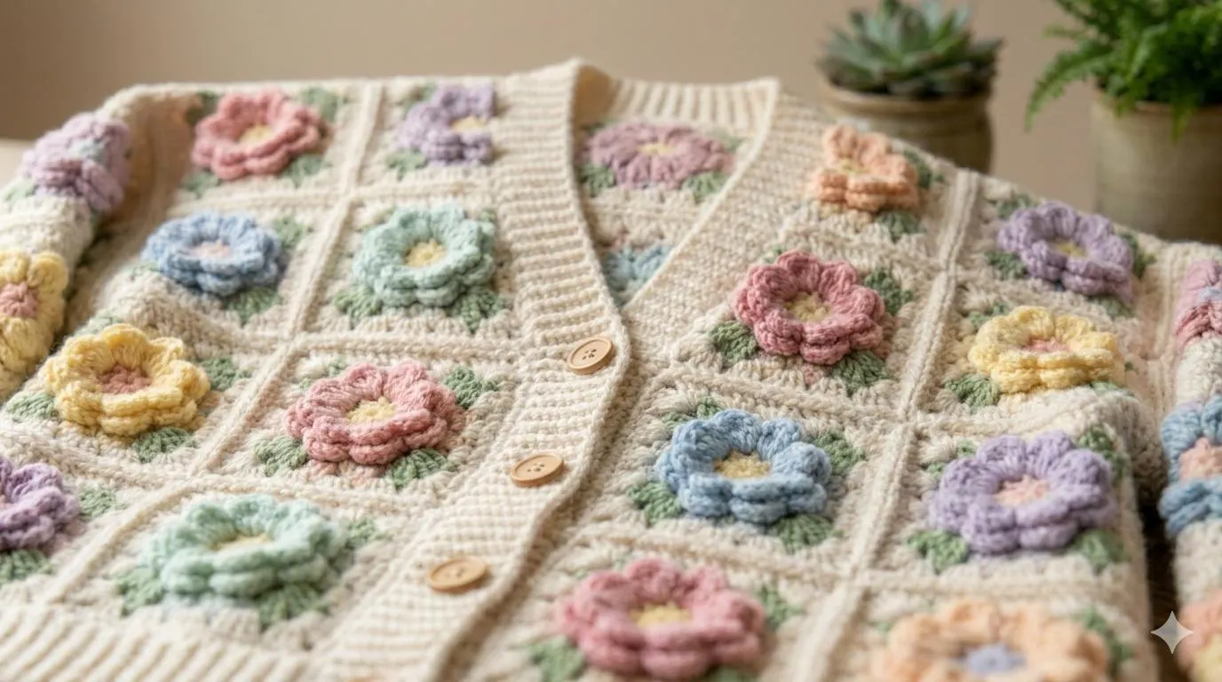Vintage Flower Granny Square Crochet Cardigan Pattern | Handmade Floral Crochet Sweater PDF - image 3