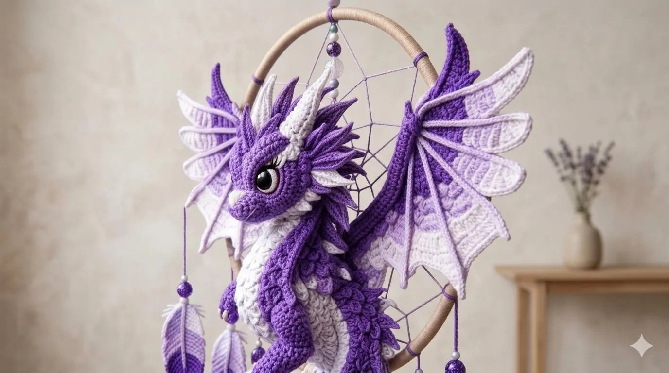 Violet Dragon Crochet Pattern PDF, Dream Catcher Amigurumi, Fantasy Dragon Wall Hanging, Crochet Dragon Pattern, DIY Gift Idea - image 5