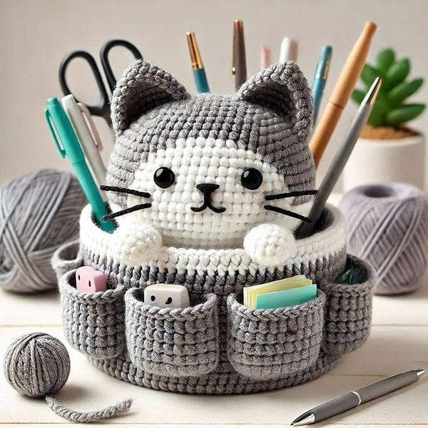 Cozy Cat Craft Keeper Crochet Pattern – Amigurumi Desk Organizer Basket with Pockets - image 3