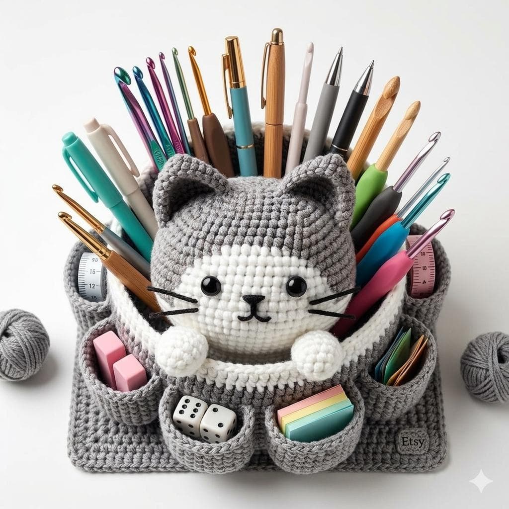 Cozy Cat Craft Keeper Crochet Pattern – Amigurumi Desk Organizer Basket with Pockets