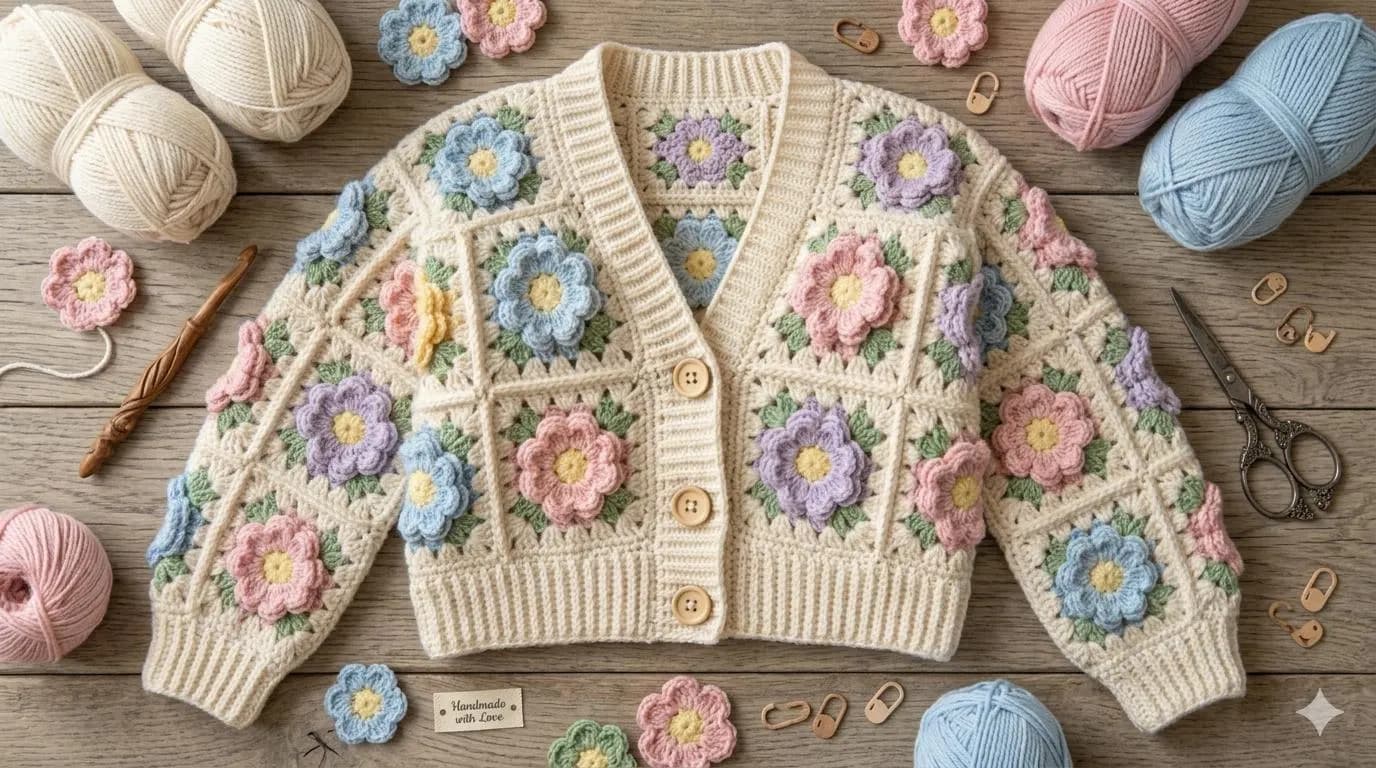Vintage Flower Granny Square Crochet Cardigan Pattern | Handmade Floral Crochet Sweater PDF - image 4