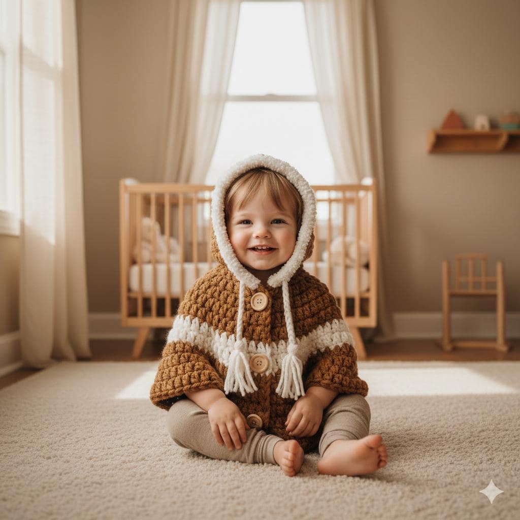 Woodland Snuggle Hooded Baby Poncho Crochet Pattern (PDF), Toddler Cape 12-18 Months