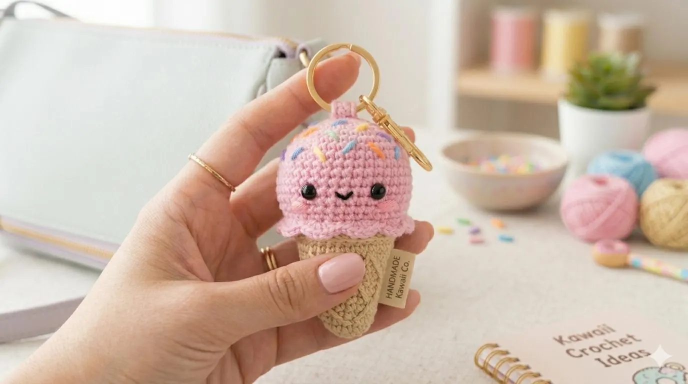 Kawaii Ice Cream Cone Crochet Pattern | Beginner Amigurumi Keychain PDF