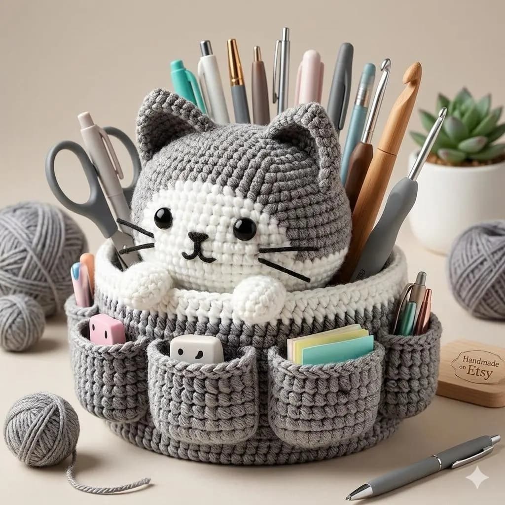 Cozy Cat Craft Keeper Crochet Pattern – Amigurumi Desk Organizer Basket with Pockets - image 4