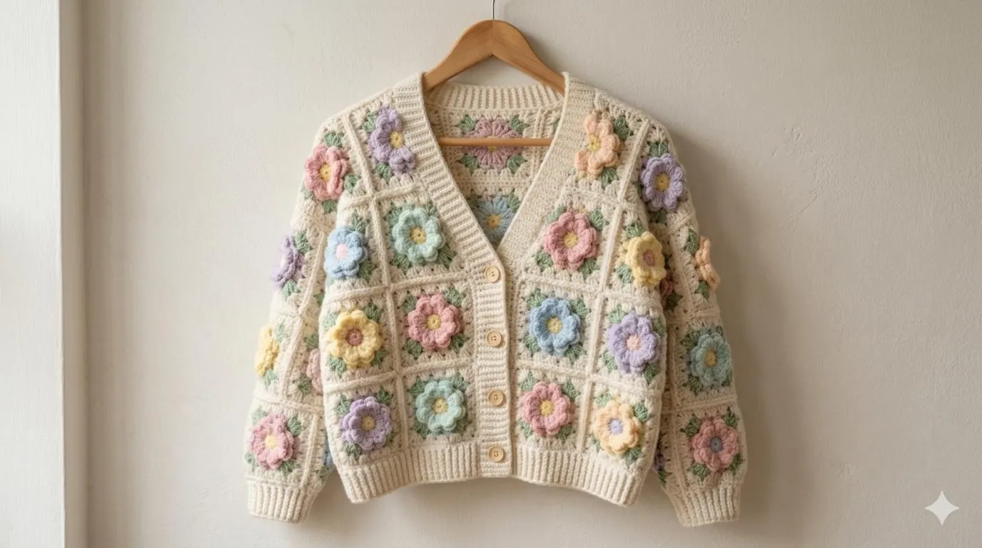 Vintage Flower Granny Square Crochet Cardigan Pattern | Handmade Floral Crochet Sweater PDF