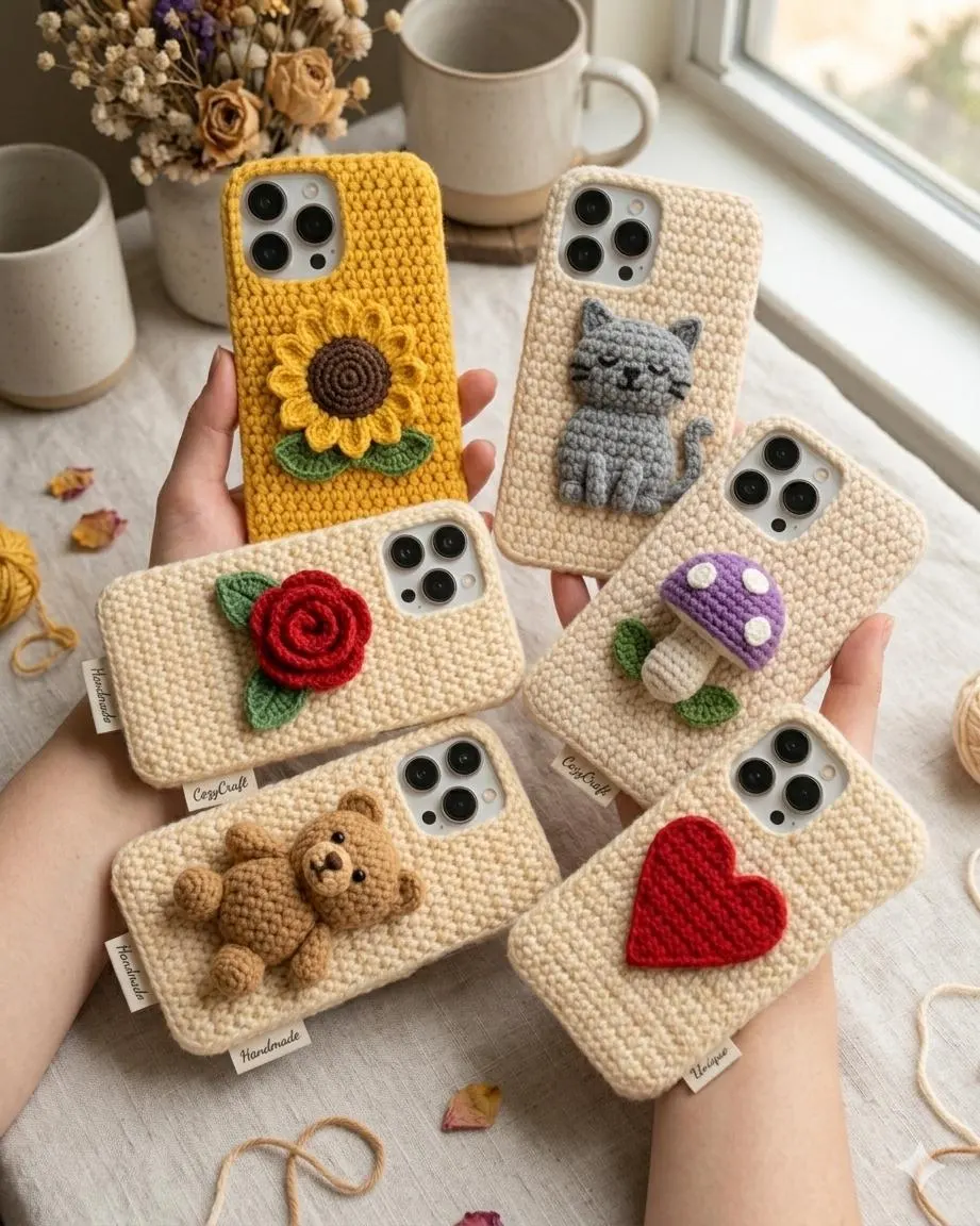Crochet Phone Case Pattern Collection, Teddy Bear, Cat, Mushroom, Rose, Sunflower (PDF Download)