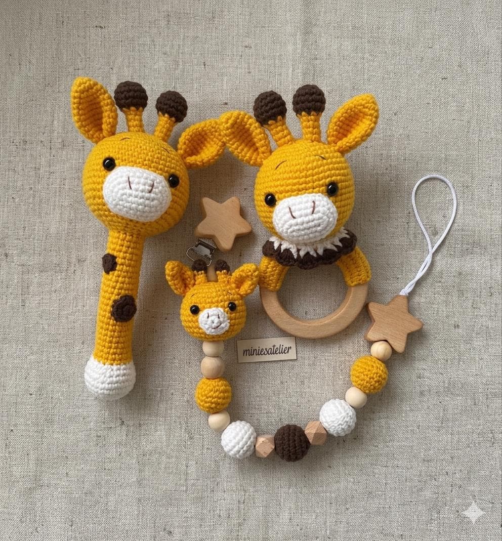 Giraffe Baby Gift Crochet Pattern Bundle | Amigurumi Rattle Teething Ring Pacifier Clip Set | Beginner Friendly PDF Pattern