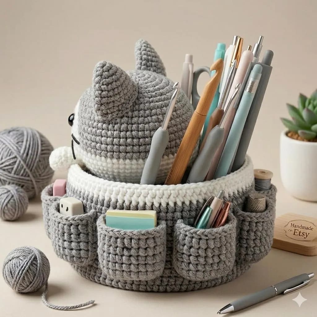 Cozy Cat Craft Keeper Crochet Pattern – Amigurumi Desk Organizer Basket with Pockets - image 5