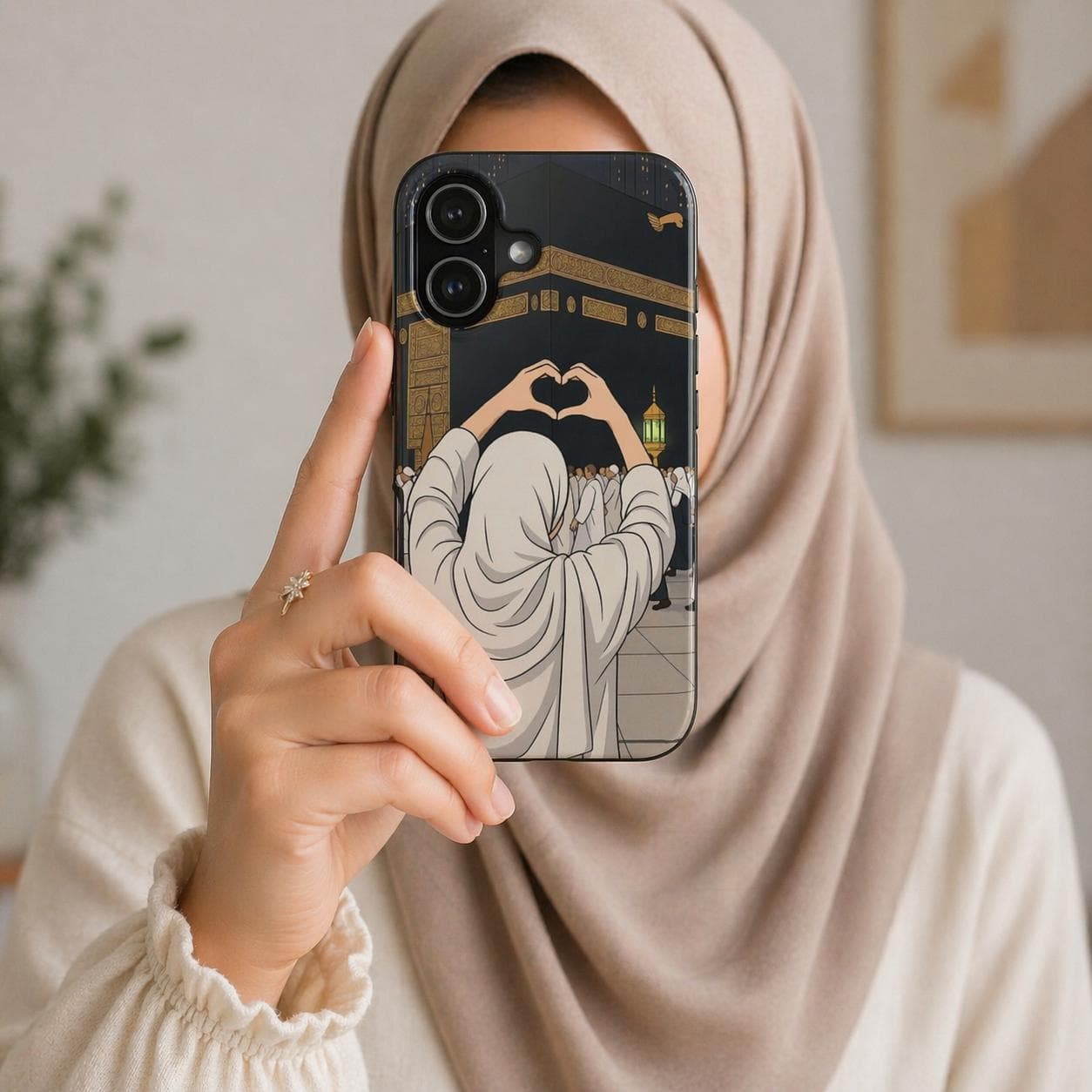 Love Kaaba Illustration Phone Case | Hijabi Heart Gesture Tough Case for iPhone & Samsung | Muslim Gift | Mecca Anime Art Case