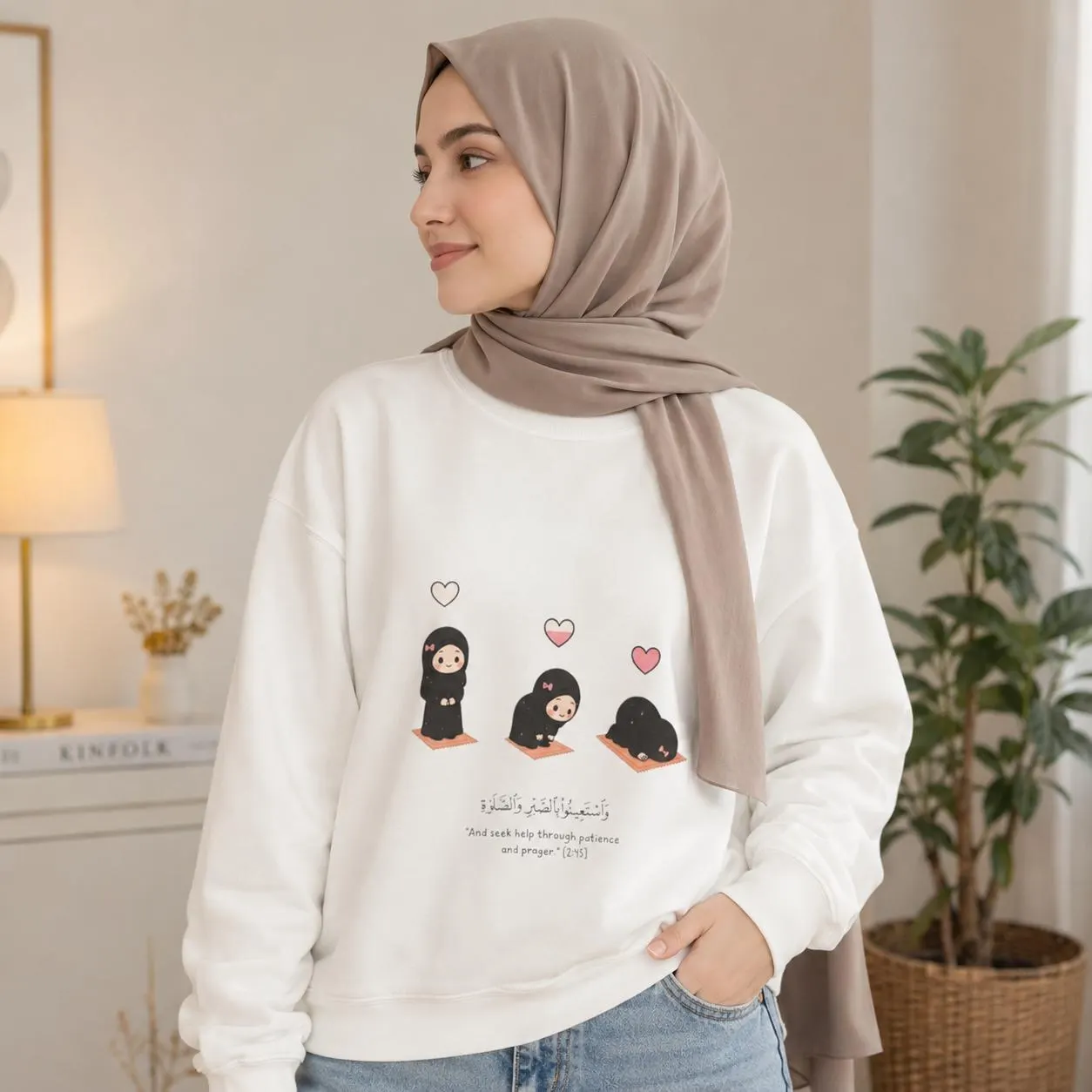 Islamic Sweatshirt | Cute Hijabi Prayer | Seek Help Through Patience | Quran 2:45 | Muslim Crewneck | Islamic Gift Her