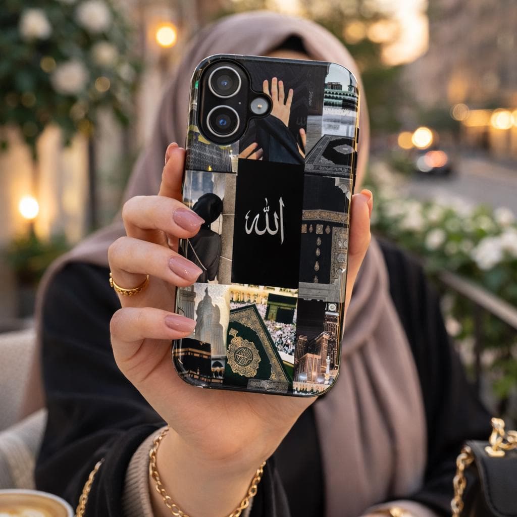 Mecca Allah Collage Phone Case | Dark Islamic Aesthetic Tough Case for iPhone & Samsung | Hijabi Muslim Gift | Kaaba Quran Design