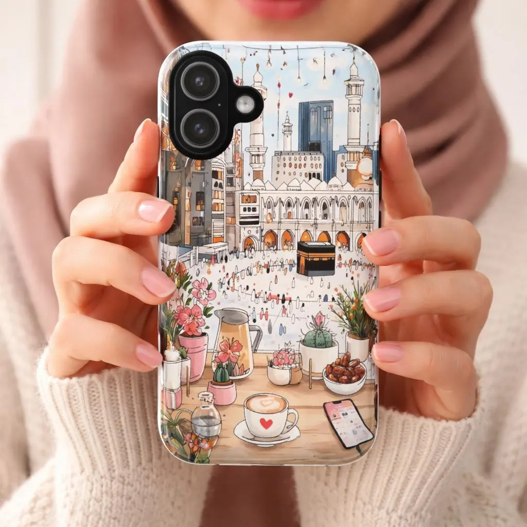Mecca Cafe Illustration Phone Case | Cute Kaaba Doodle Tough Case for iPhone & Samsung | Muslim Gift | Aesthetic Islamic Art Case