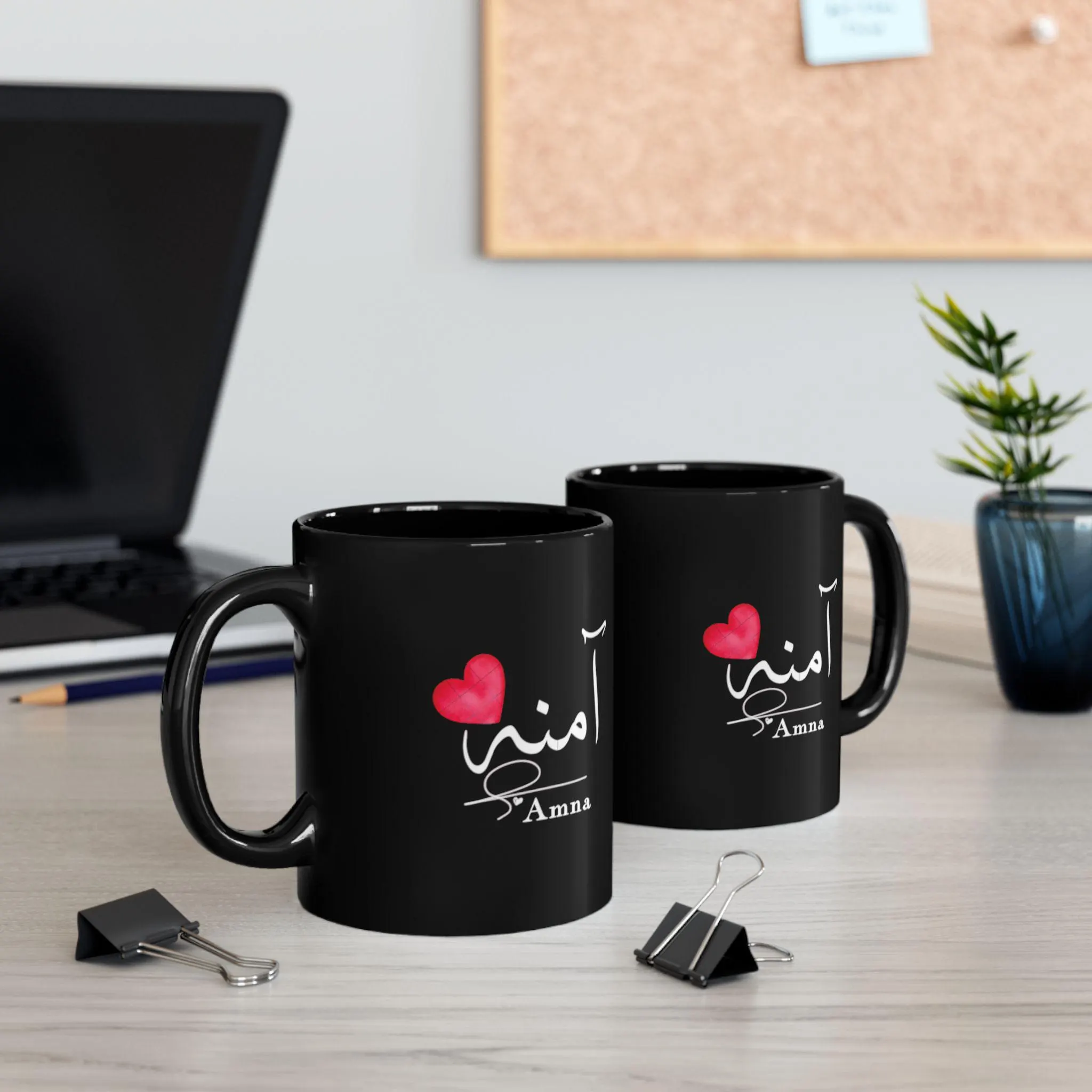 Personalized Name Meaning Mug | Islamic Gift for Her | Black Ceramic Coffee Tea Mug with Arabic Calligraphy Name | Eid Ramadan Gift