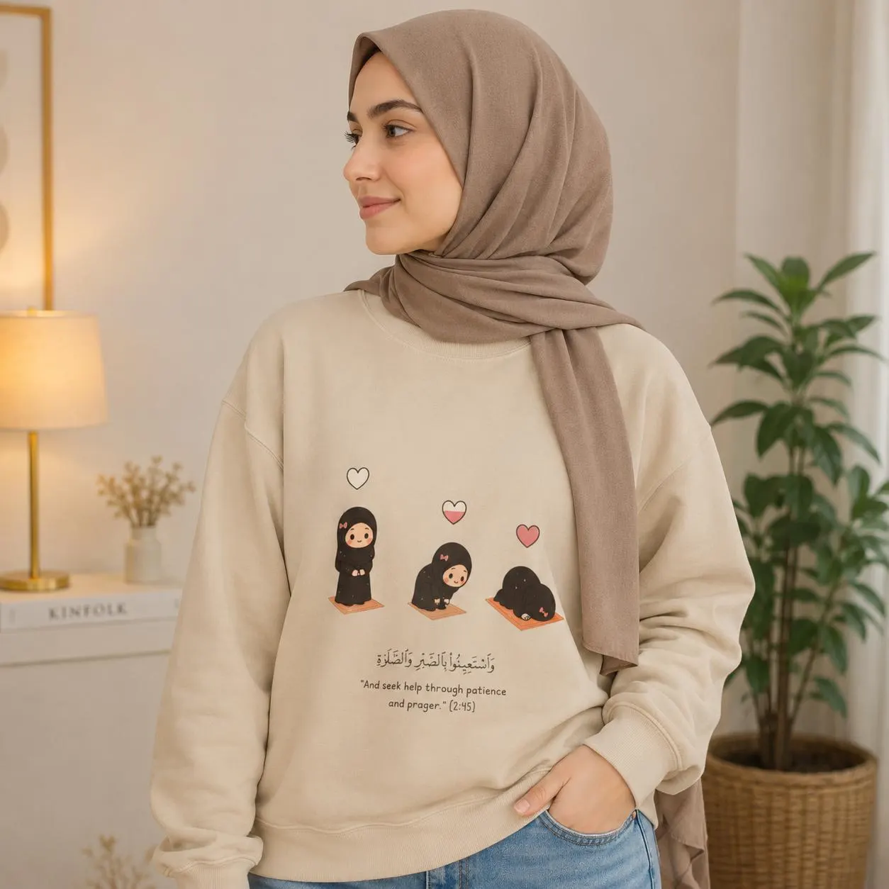 Islamic Sweatshirt | Cute Hijabi Prayer | Seek Help Through Patience | Quran 2:45 | Muslim Crewneck | Islamic Gift Her - image 3