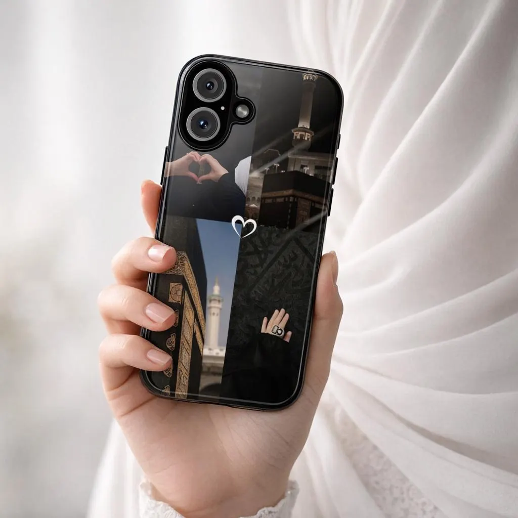 Mecca Kaaba Photo Grid Phone Case | Dark Islamic Aesthetic Tough Case for iPhone & Samsung | Hajj Umrah Muslim Gift | Black Gold