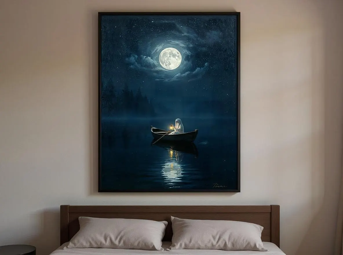 Ghost in Rowboat Print | Moonlit Lake Wall Art | Halloween Digital Download | Cute Ghost with Lantern | Spooky Night Printable - image 5
