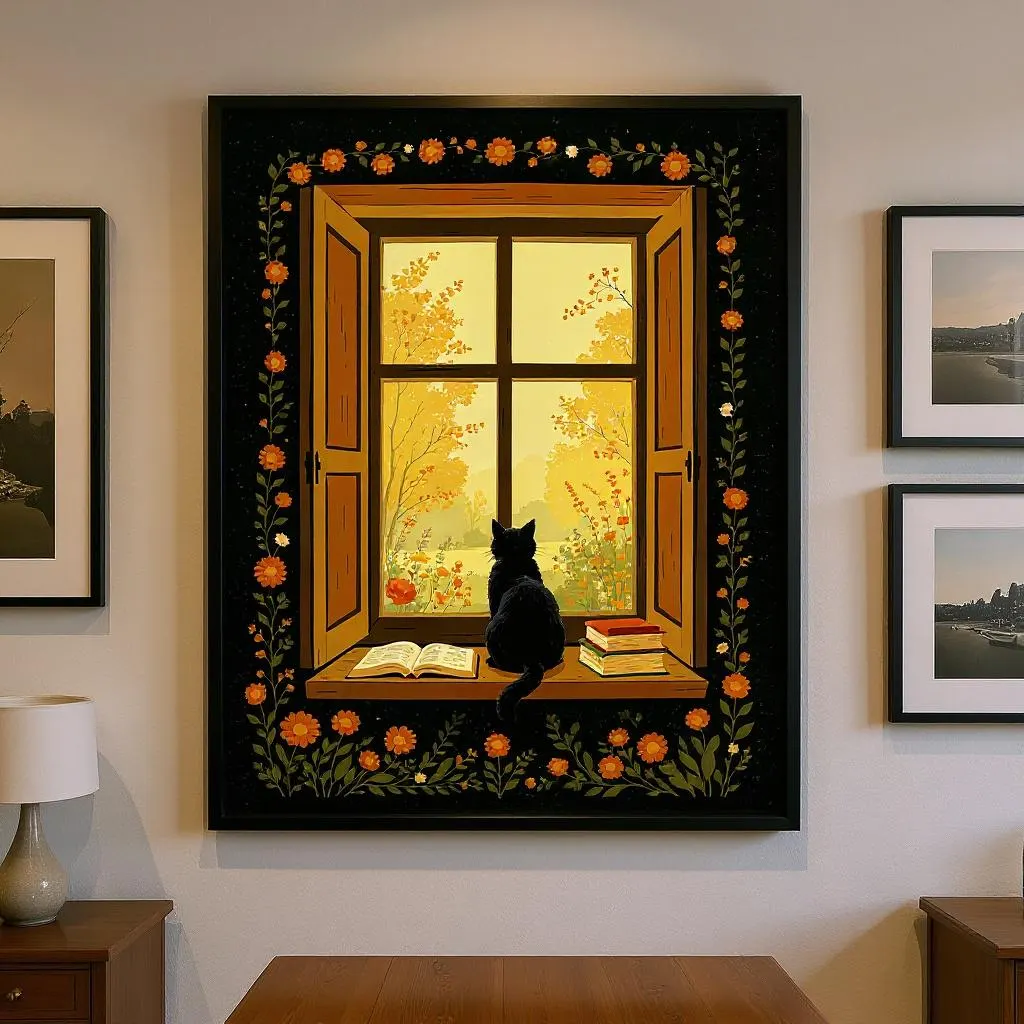 Black Cat Window Print | Cottagecore Bookish Wall Art | Autumn Folk Art Digital Download | Cozy Reading Nook Decor | Moody Cat Art - image 5