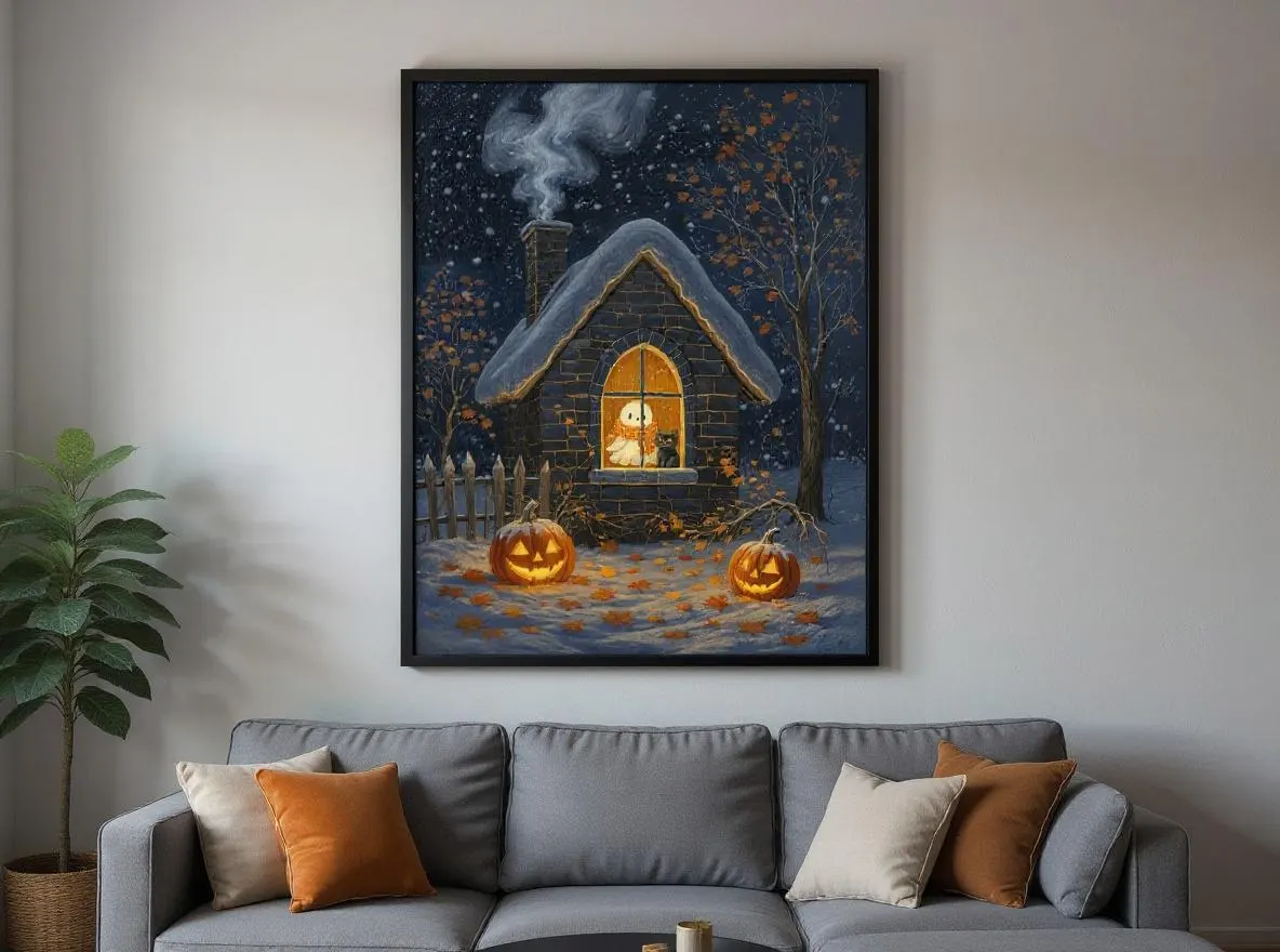 Cozy Ghost Cottage Print | Halloween Wall Art | Cute Black Cat & Jack-o-Lantern | Autumn Snow Night | Folk Art Digital Download - image 4