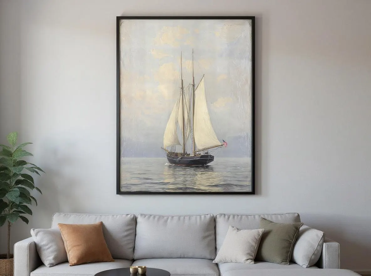 Schooner Sailboat Print | Nautical Wall Art | Classic Ship Painting | American Flag Sailing Boat | Coastal Digital Download - image 4