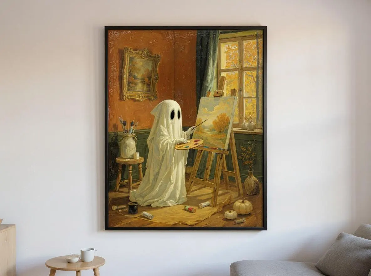 Painting Ghost Print | Whimsical Cozy Cottagecore Autumn Wall Art | Vintage Halloween Fall Decor Instant Digital Download