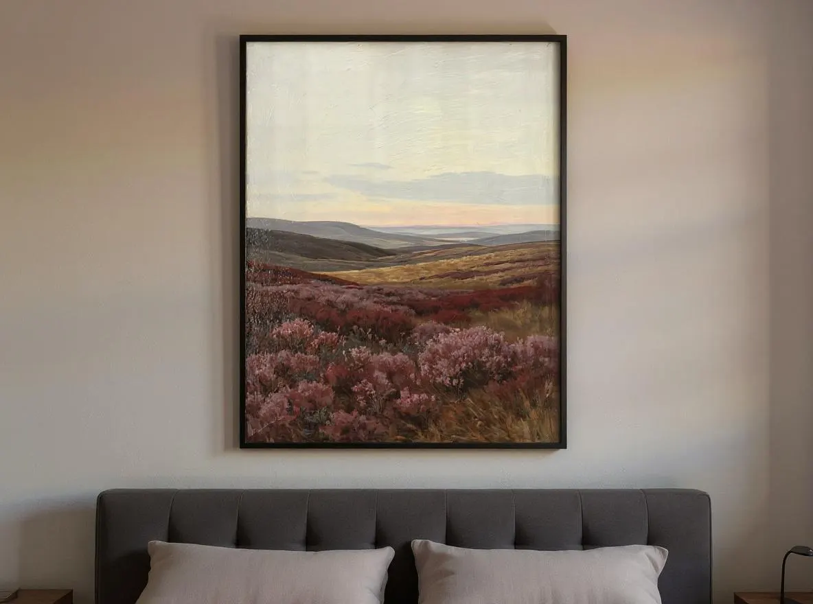 Heather Moorland Print | Moody Landscape Wall Art | Dusty Rose Pastoral Oil Painting | Rustic Purple Hills Decor | Instant Download - image 5