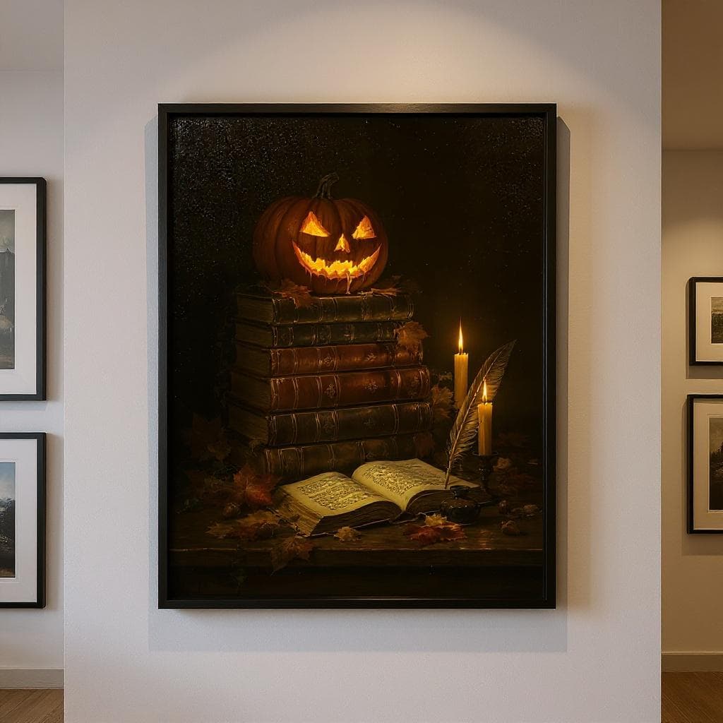Dark Academia Halloween Print | Glowing Jack-o'-Lantern on Antique Books Wall Art | Gothic Autumn Decor | Instant Download - image 4