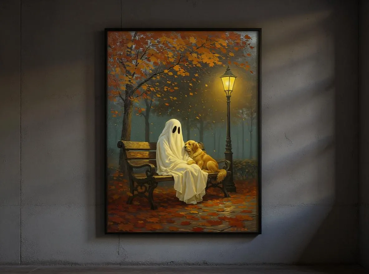 Ghost and Golden Retriever Art Print | Cozy Halloween Wall Decor | Whimsical Autumn Dog Lover Gift | Fall Digital Download - image 4