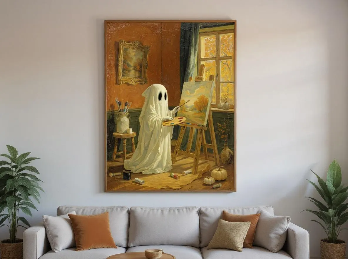 Painting Ghost Print | Whimsical Cozy Cottagecore Autumn Wall Art | Vintage Halloween Fall Decor Instant Digital Download - image 4