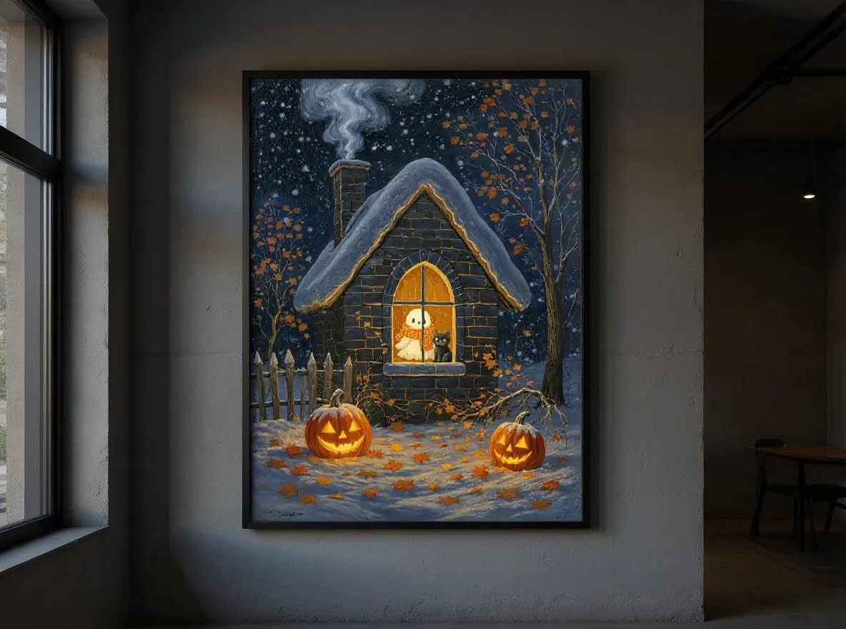 Cozy Ghost Cottage Print | Halloween Wall Art | Cute Black Cat & Jack-o-Lantern | Autumn Snow Night | Folk Art Digital Download - image 3