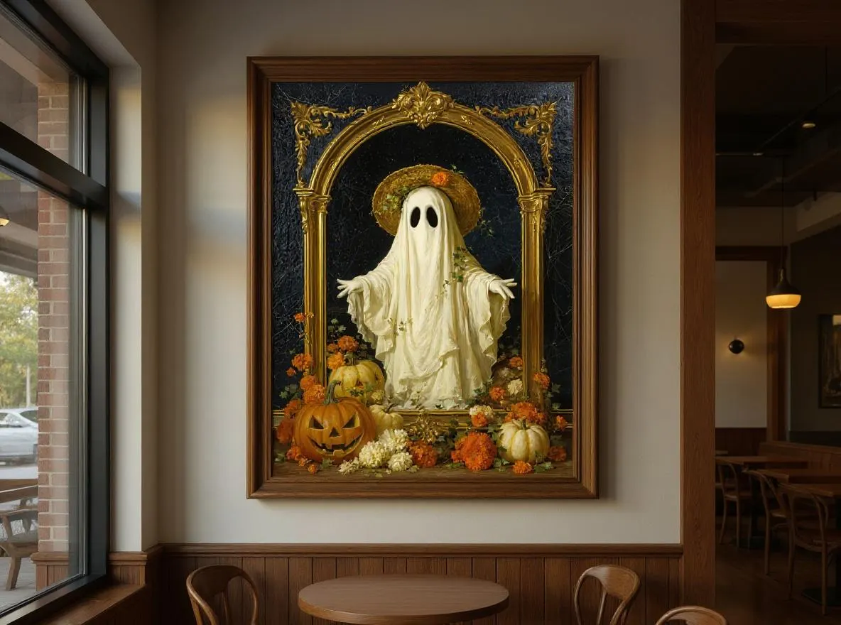 Vintage Ghost Halloween Print | Whimsical Straw Hat Ghost Wall Art | Cottagecore Fall Decor | Cozy Autumn Digital Download - image 2