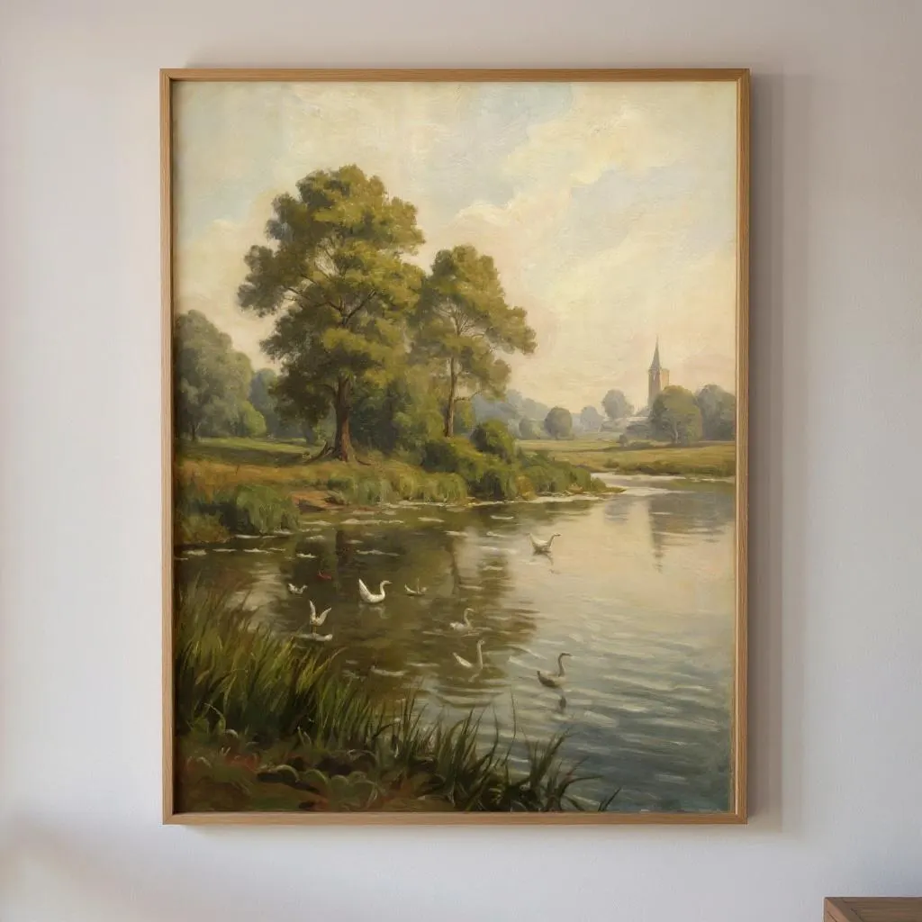 Vintage River Landscape Art | Swans & Ducks Oil Painting Print | Country Pastoral Wall Decor | Antique Nature Printable Download - image 5