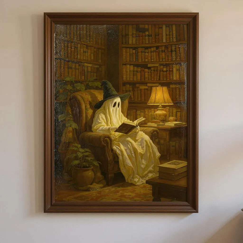 Cozy Ghost Reading Print | Witch Hat Ghost Library Wall Art | Halloween Oil Painting | Bookish Digital Download - image 2