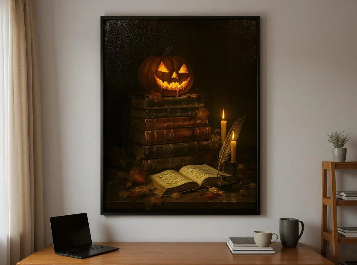 Dark Academia Halloween Print | Glowing Jack-o'-Lantern on Antique Books Wall Art | Gothic Autumn Decor | Instant Download - image 3