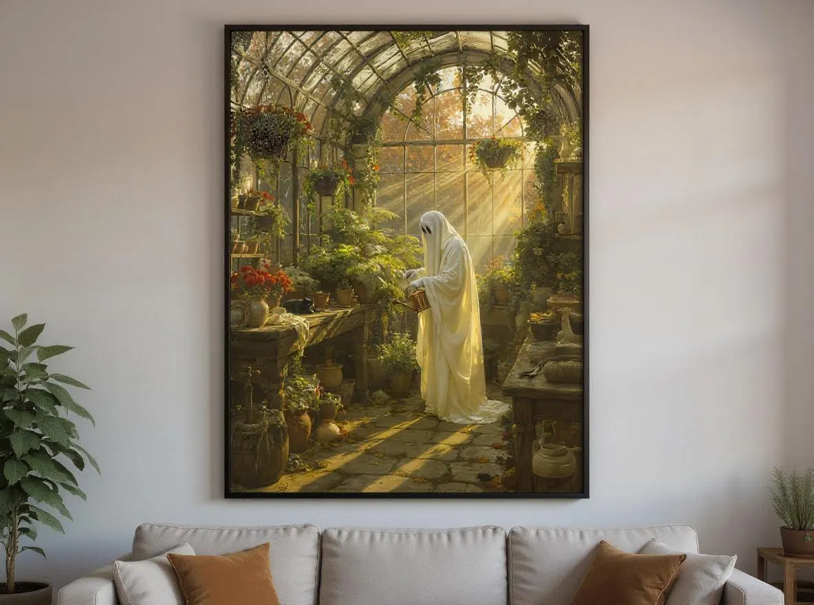 Ghost in Greenhouse Print | Cozy Autumn Wall Art | Cute Halloween Ghost Watering Plants | Whimsical Cottagecore Digital Download - image 4