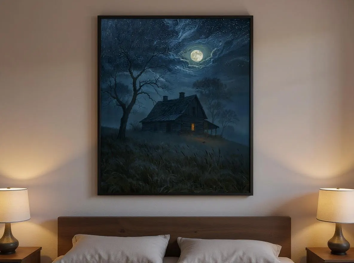 Haunted Farmhouse Wall Art | Moonlit Gothic Printable | Foggy Full Moon Landscape Print | Spooky Dark Cottagecore Decor Download - image 5