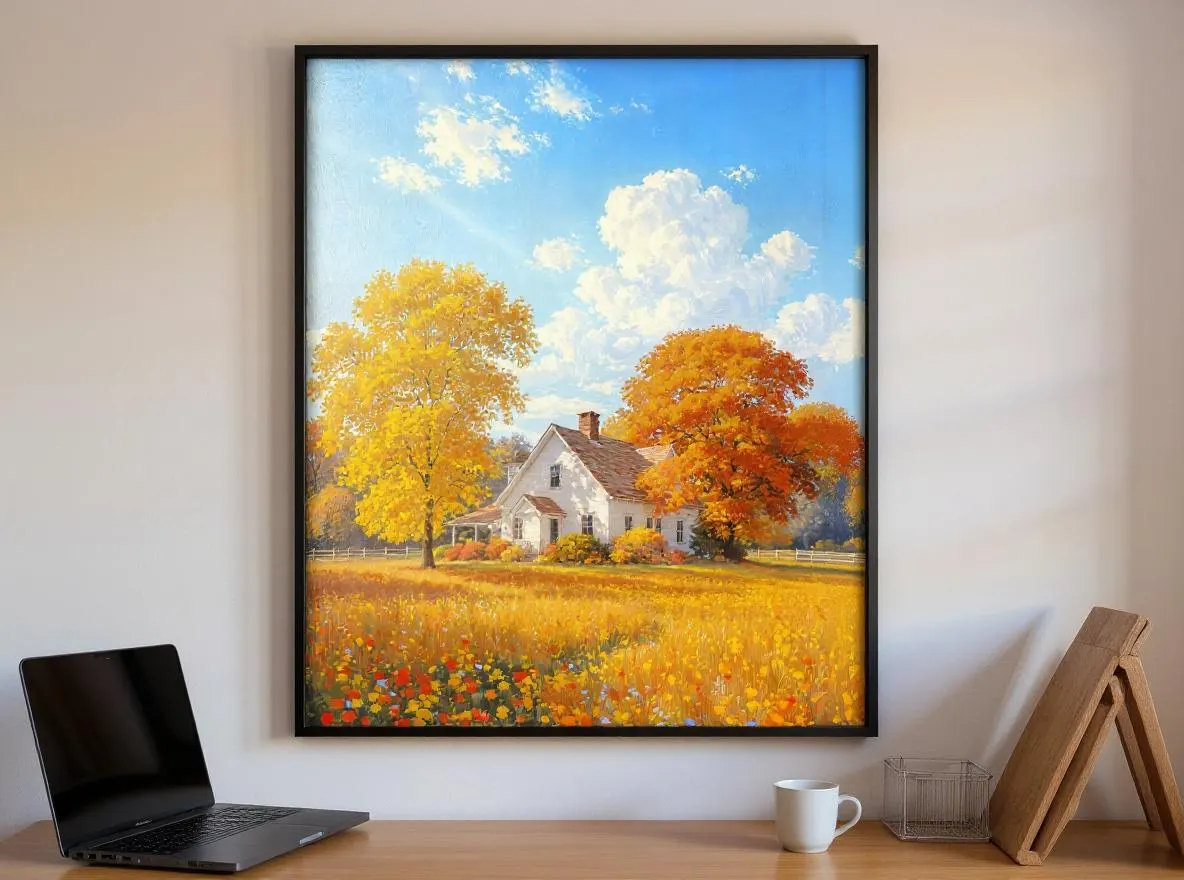 Autumn Farmhouse Wall Art | White Country House Printable | Fall Landscape Print | Impressionist Autumn Digital Download - image 4