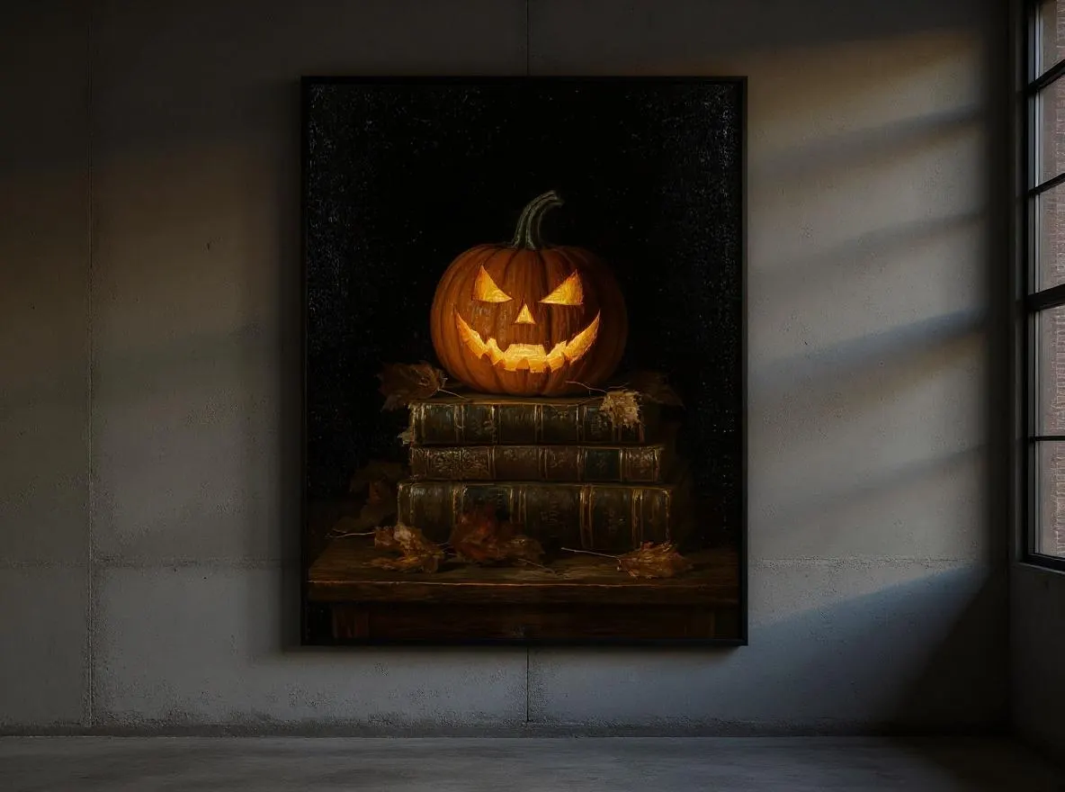 Jack-O'-Lantern Still Life Print | Dark Academia Halloween Wall Art | Vintage Books Pumpkin Decor | Gothic Autumn Digital Download - image 3