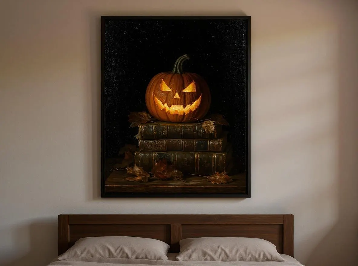 Jack-O'-Lantern Still Life Print | Dark Academia Halloween Wall Art | Vintage Books Pumpkin Decor | Gothic Autumn Digital Download - image 5