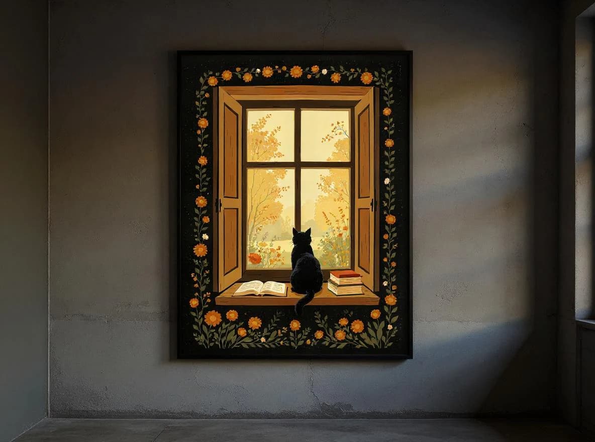 Black Cat Window Print | Cottagecore Bookish Wall Art | Autumn Folk Art Digital Download | Cozy Reading Nook Decor | Moody Cat Art - image 2
