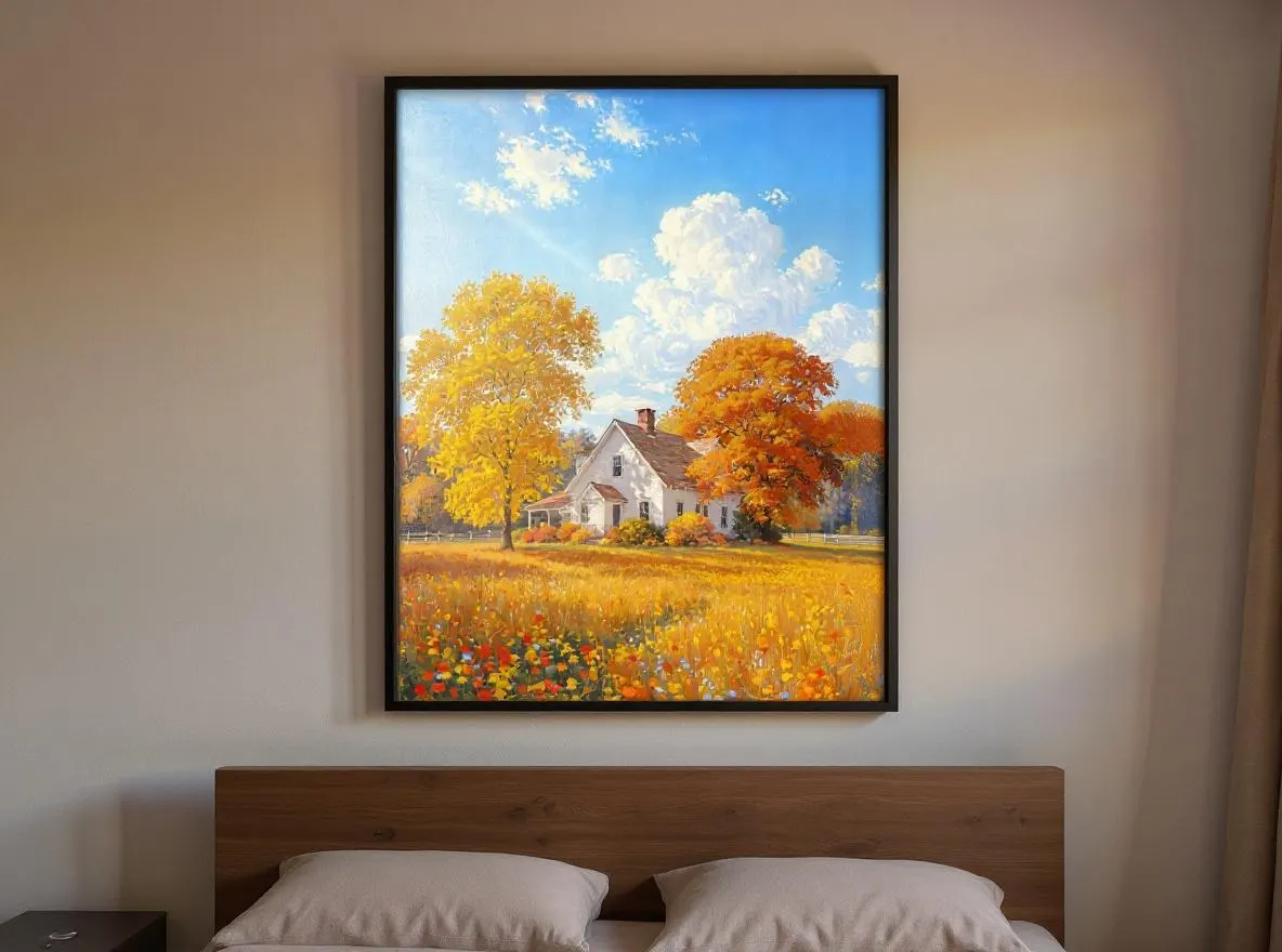 Autumn Farmhouse Wall Art | White Country House Printable | Fall Landscape Print | Impressionist Autumn Digital Download - image 3