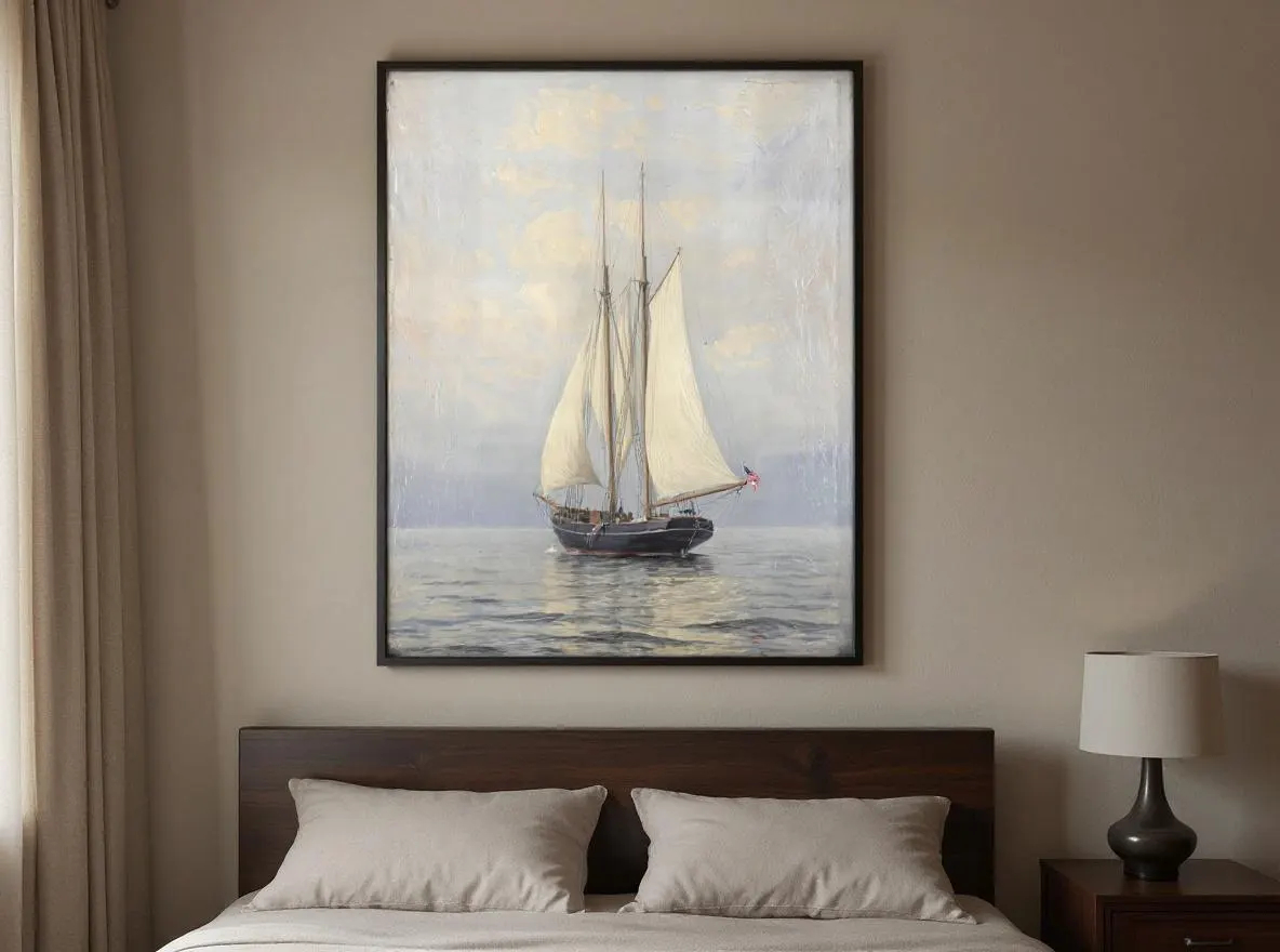 Schooner Sailboat Print | Nautical Wall Art | Classic Ship Painting | American Flag Sailing Boat | Coastal Digital Download - image 5
