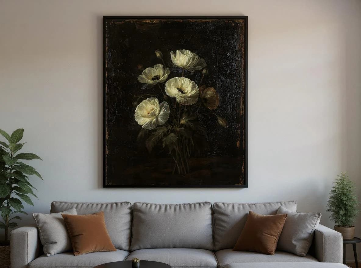 Dark Poppy Wall Art | Moody White Floral Oil Painting Print | Vintage Botanical Home Decor | Instant Digital Download - image 4