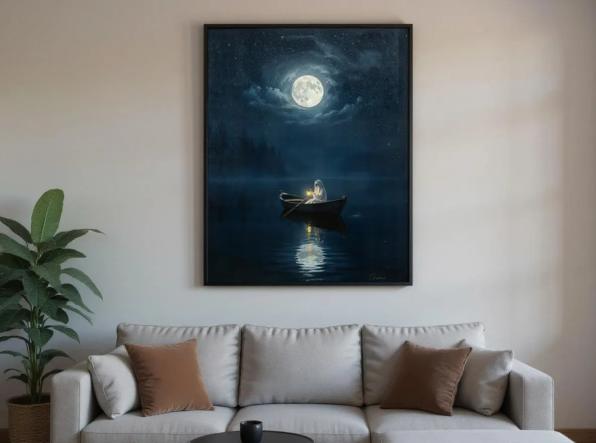 Ghost in Rowboat Print | Moonlit Lake Wall Art | Halloween Digital Download | Cute Ghost with Lantern | Spooky Night Printable - image 4