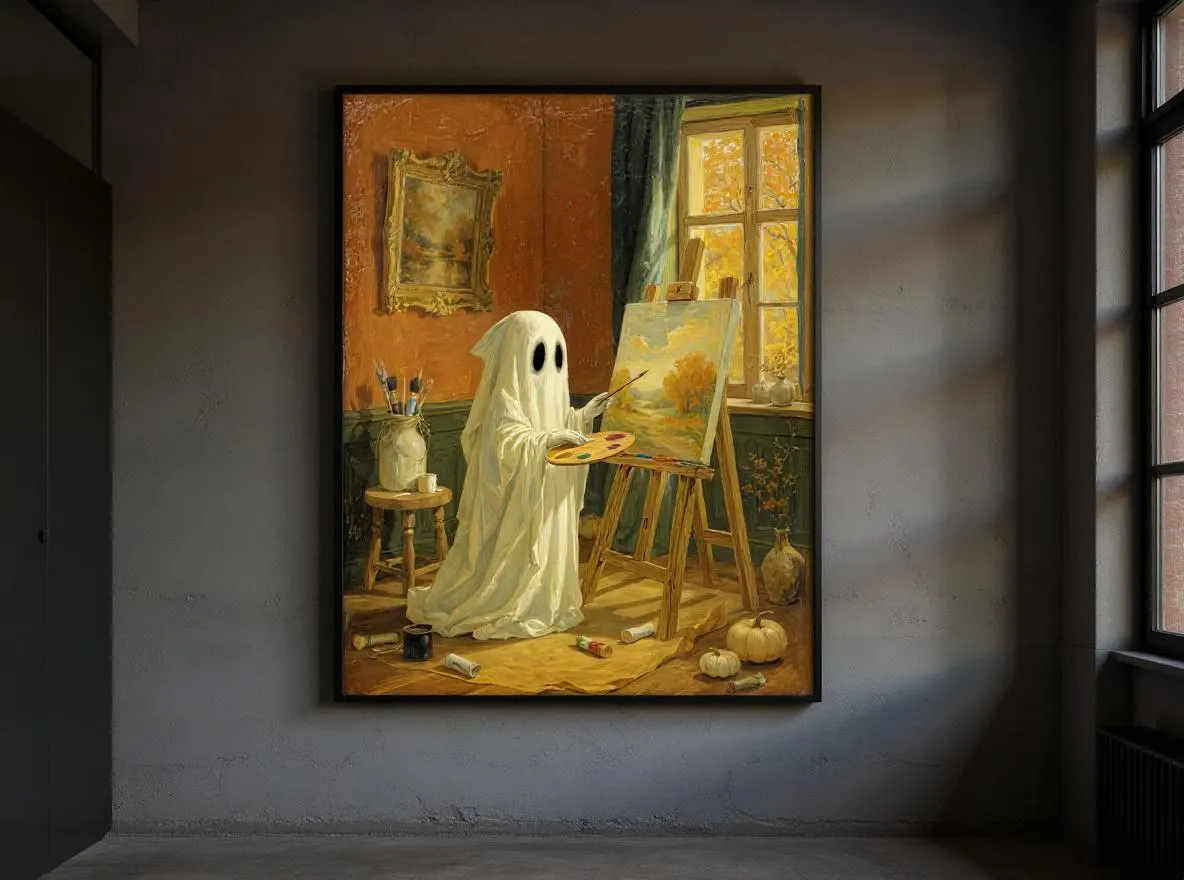 Painting Ghost Print | Whimsical Cozy Cottagecore Autumn Wall Art | Vintage Halloween Fall Decor Instant Digital Download - image 3