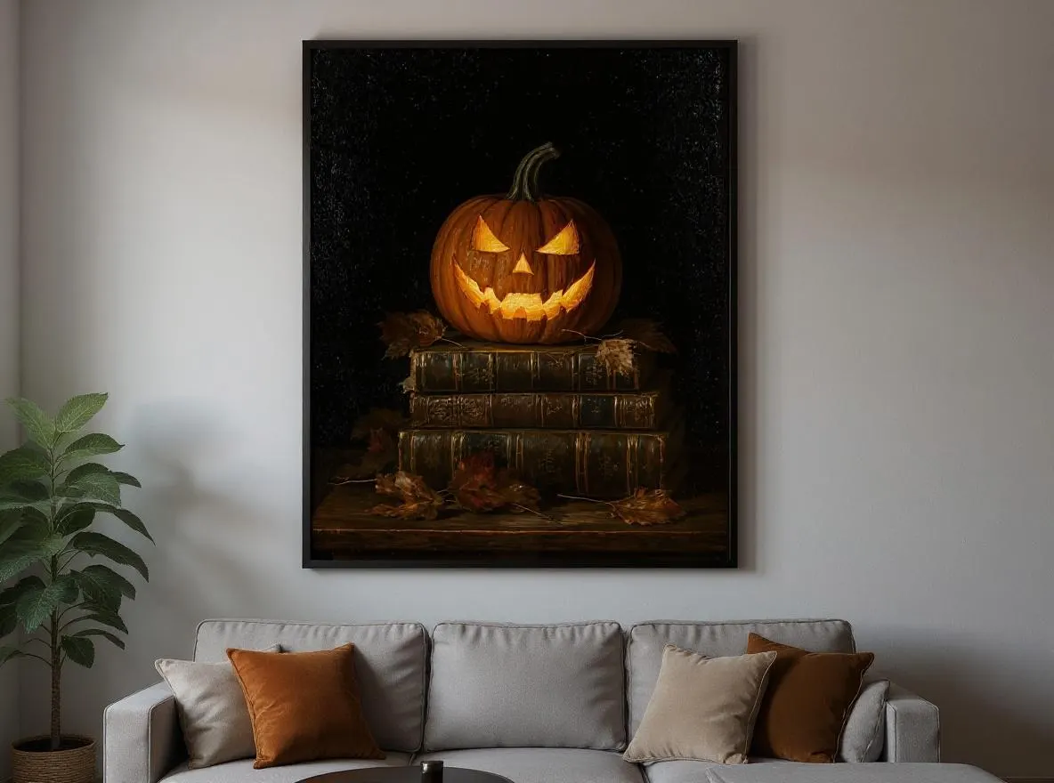 Jack-O'-Lantern Still Life Print | Dark Academia Halloween Wall Art | Vintage Books Pumpkin Decor | Gothic Autumn Digital Download - image 4
