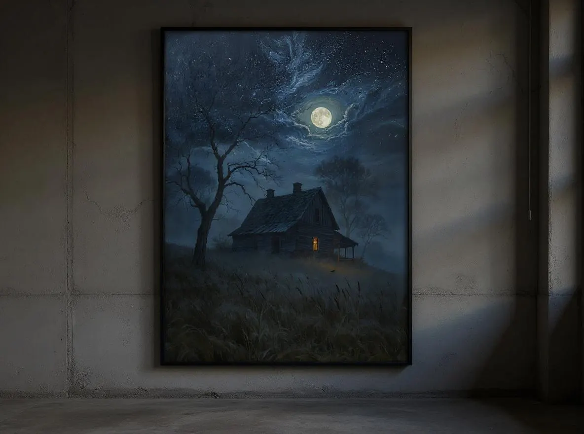 Haunted Farmhouse Wall Art | Moonlit Gothic Printable | Foggy Full Moon Landscape Print | Spooky Dark Cottagecore Decor Download - image 3