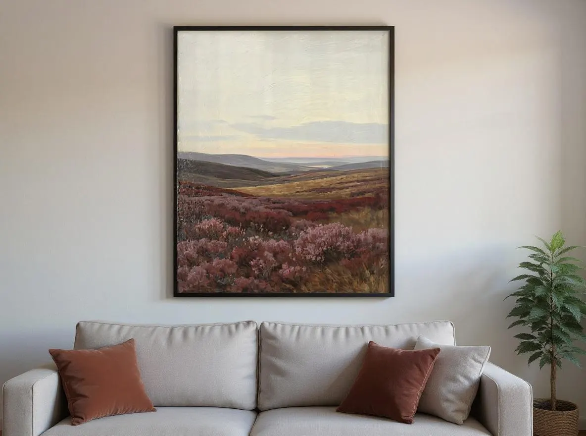 Heather Moorland Print | Moody Landscape Wall Art | Dusty Rose Pastoral Oil Painting | Rustic Purple Hills Decor | Instant Download - image 4