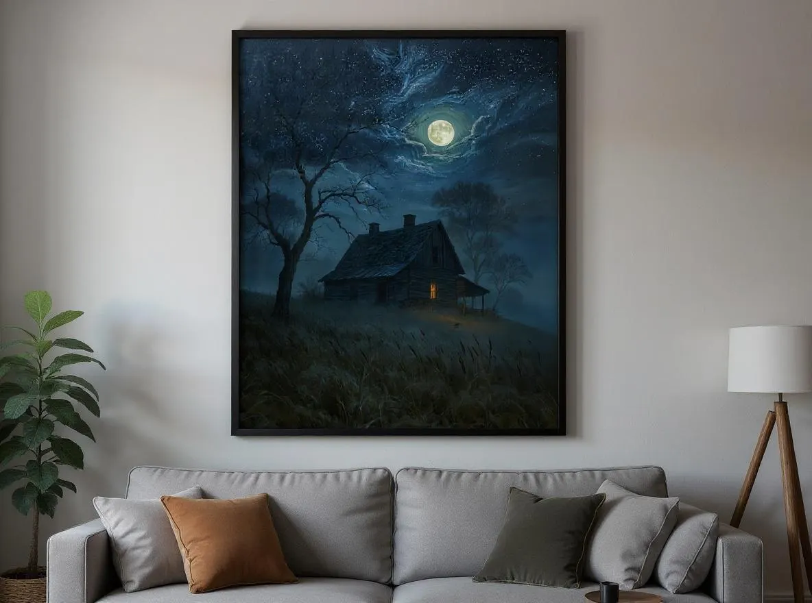 Haunted Farmhouse Wall Art | Moonlit Gothic Printable | Foggy Full Moon Landscape Print | Spooky Dark Cottagecore Decor Download - image 4