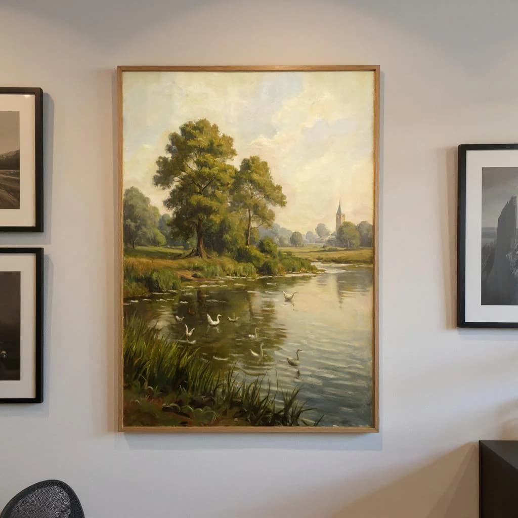 Vintage River Landscape Art | Swans & Ducks Oil Painting Print | Country Pastoral Wall Decor | Antique Nature Printable Download - image 4
